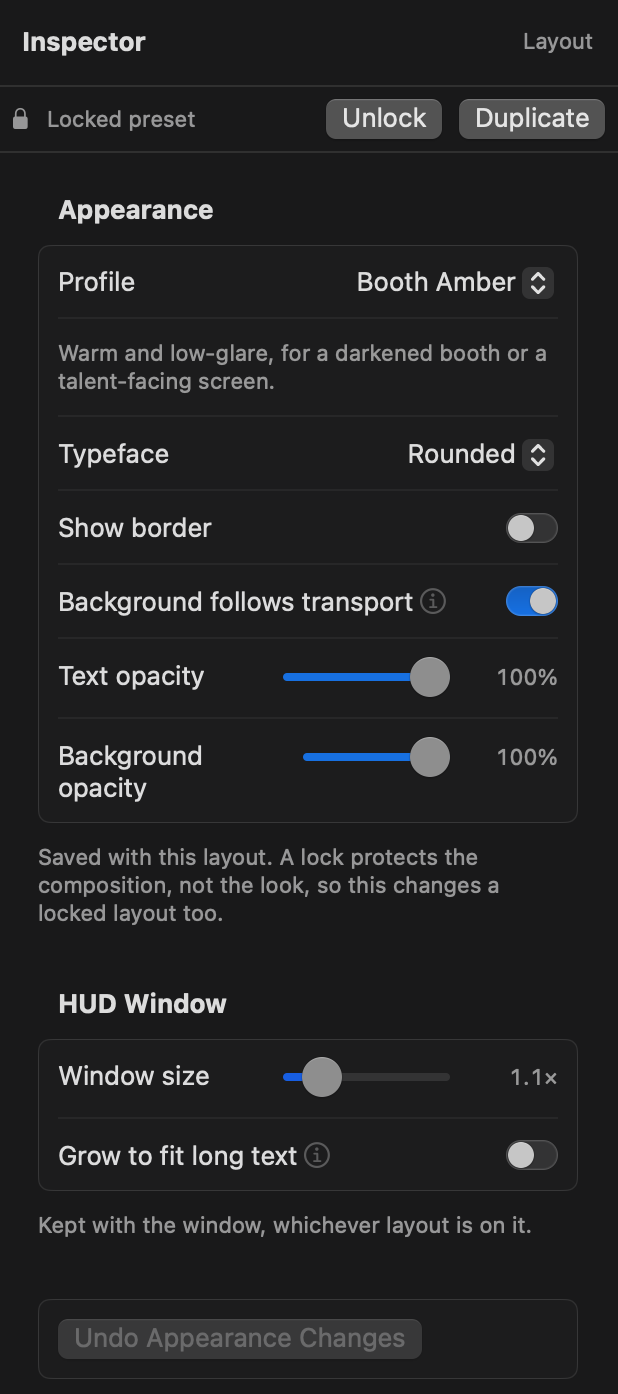 The Inspector with no element selected, on the locked Lamp preset: Appearance with Profile, Typeface, Show border, Background follows transport, Text opacity and Background opacity; HUD Window with Window size and Grow to fit long text; and Undo Appearance Changes.