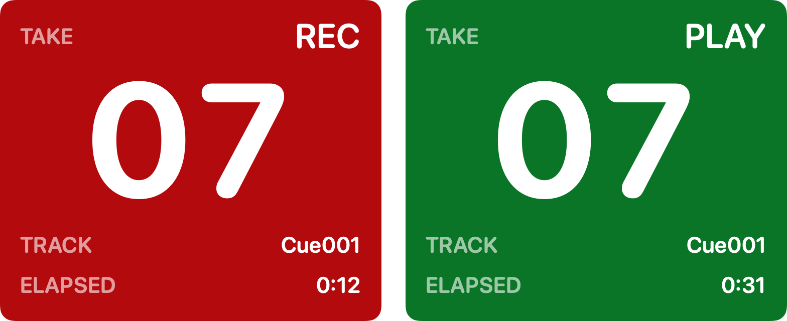 Two SessionHUD panels for take 07 on Cue001: a red background reading REC at 0:12, and a green background reading PLAY at 0:31.