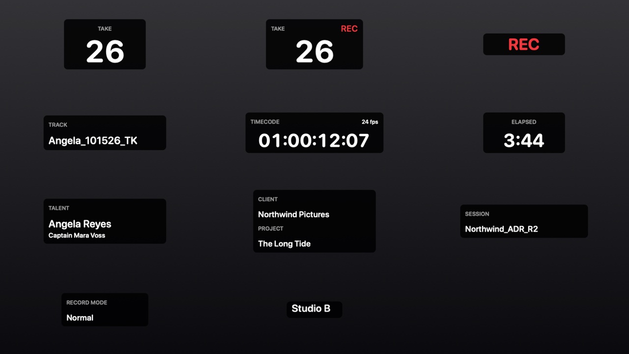 The eleven cards on a dark backdrop: Take 26; Take 26 with REC; REC alone; Track Angela_101526_TK; Timecode 01:00:12:07 at 24 fps; Elapsed 3:44; Talent Angela Reyes, Captain Mara Voss; Client Northwind Pictures, Project The Long Tide; Session Northwind_ADR_R2; Record Mode Normal; and the words Studio B.