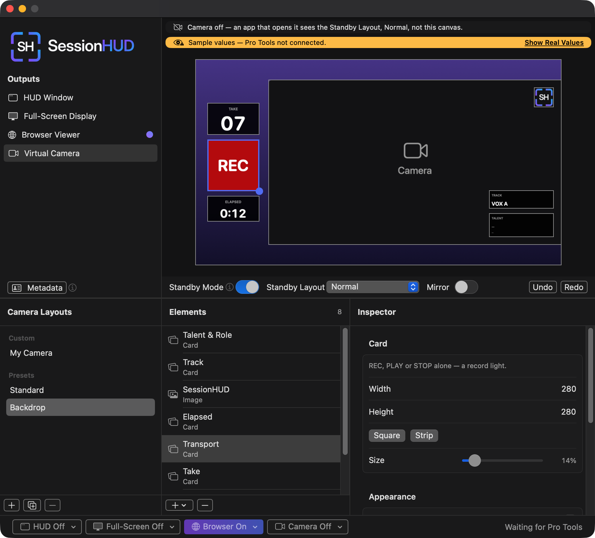 The Virtual Camera designer on the Backdrop camera layout, with the camera off and sample values showing: on the canvas, a column of cards reading take 07, a red REC light and elapsed 0:12 beside a box marked Camera, with the SessionHUD mark and cards for track VOX A and talent over the box; below, the Camera Layouts list with My Camera, Standard and Backdrop; the Elements list of cards, the SessionHUD image and the camera; and the Inspector for the Transport card showing Width 280, Height 280 and the Square and Strip buttons.