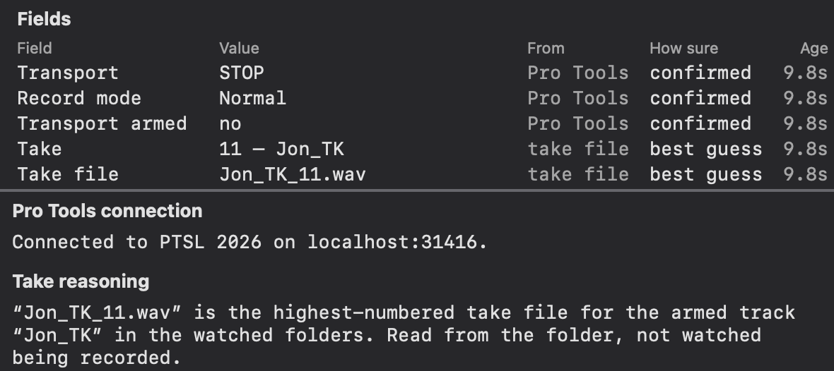 Two parts of the Diagnostics window. In Fields, the Take row reads 11, Jon_TK, from the take file, marked best guess. Under Take reasoning: Jon_TK_11.wav is the highest-numbered take file for the armed track, read from the folder rather than watched being recorded.
