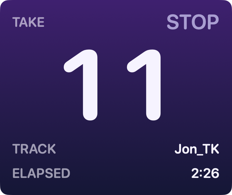 The HUD Window after the transport has stopped: TAKE 11, STOP, track Jon_TK, elapsed 2:26.