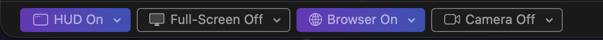 The bottom of the main window: the power buttons HUD On, Full-Screen Off, Browser On and Camera Off.