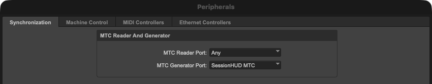 Pro Tools' Peripherals window on the Synchronization tab. Under MTC Reader And Generator, MTC Generator Port is set to SessionHUD MTC.