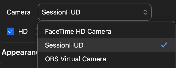 Zoom's Camera menu open, listing FaceTime HD Camera, SessionHUD and OBS Virtual Camera, with SessionHUD checked.