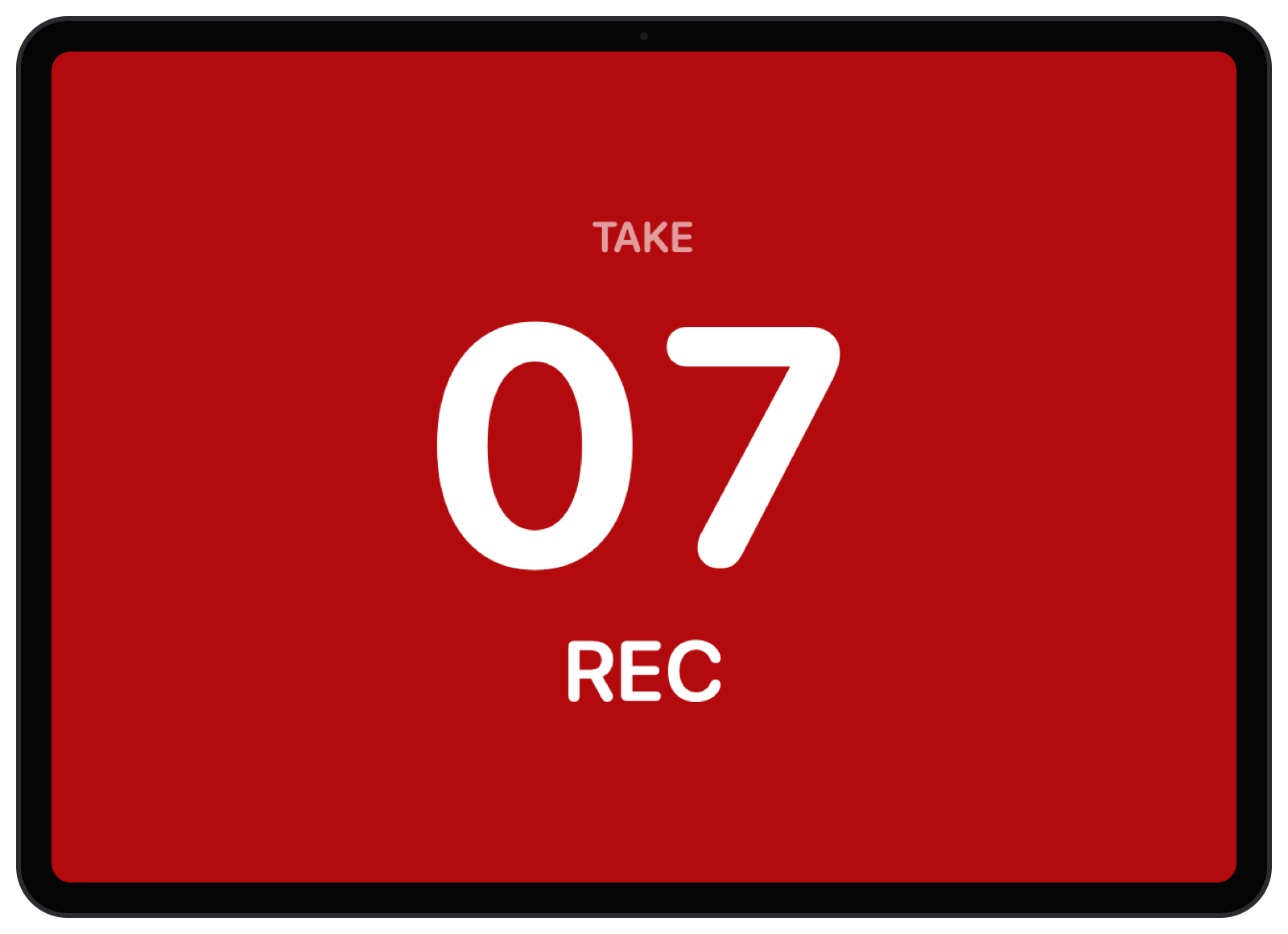 An iPad showing SessionHUD's browser viewer with the whole screen red: take 07 and REC.
