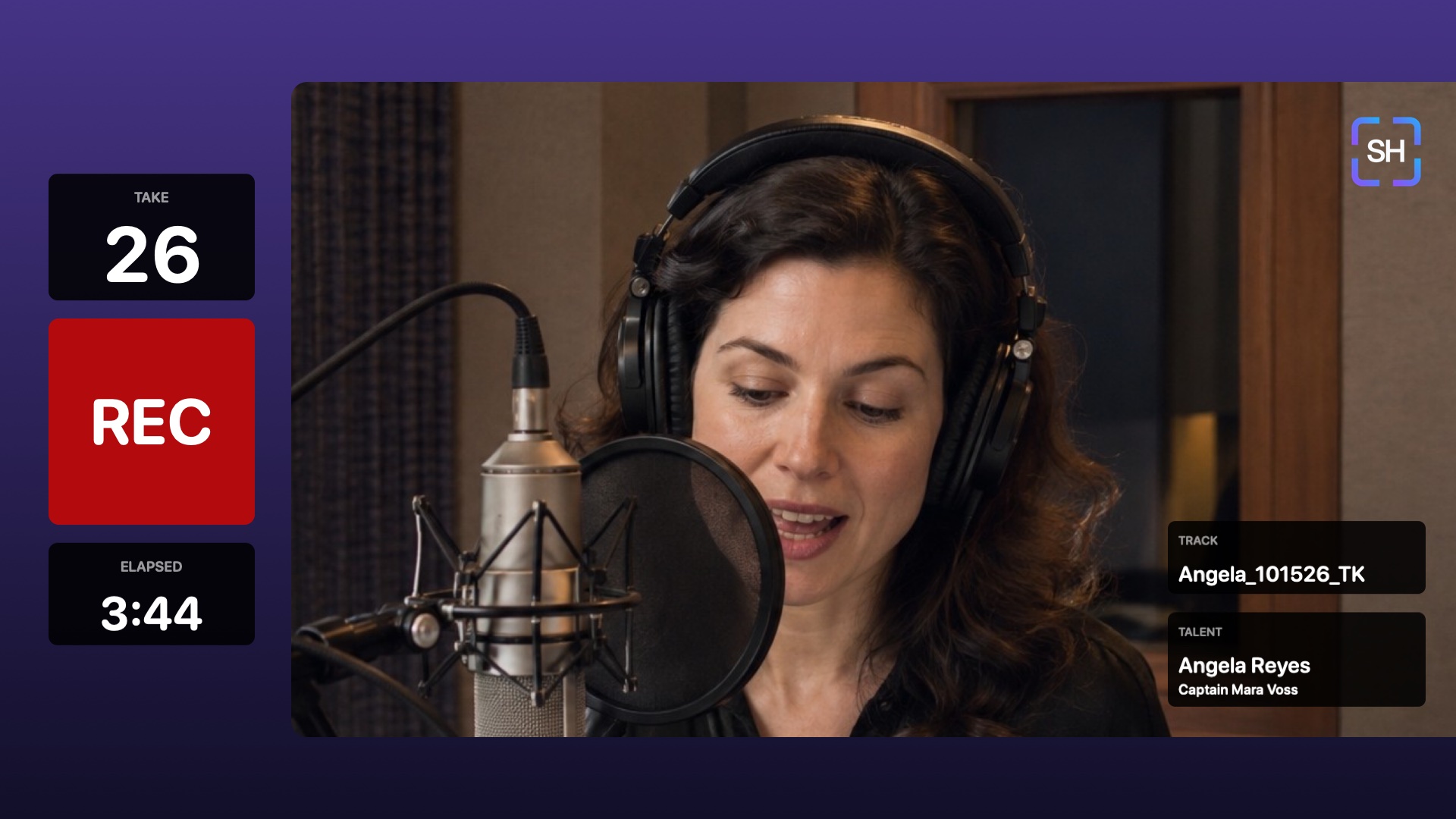 SessionHUD's Backdrop camera layout on a violet backdrop: the voice actor's camera in a large box on the right; beside it a column of cards reading take 26, a square red REC light and elapsed 3:44; over the picture, the SessionHUD mark at the top right and cards for track Angela_101526_TK and talent Angela Reyes as Captain Mara Voss at the bottom right.