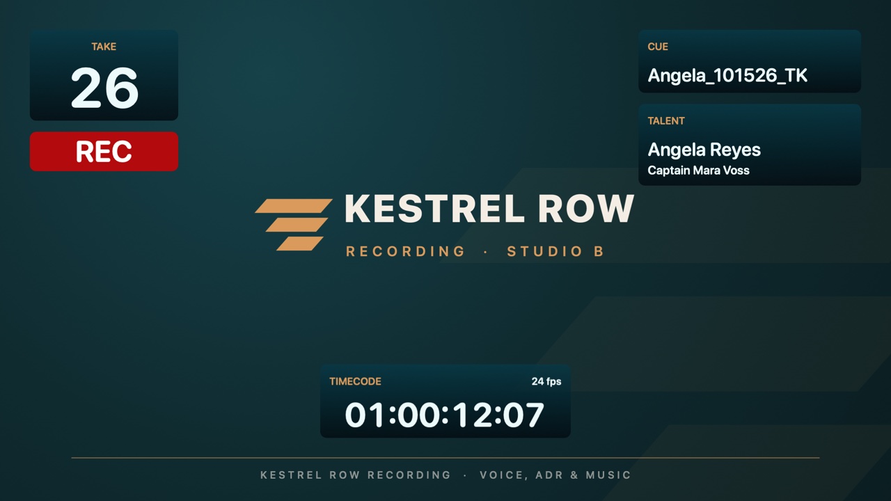 A camera layout branded for an example studio, Kestrel Row Recording: its copper wing logo in the middle of its own deep teal background image; cards for take 26 and a red REC light at the top left, CUE Angela_101526_TK and talent Angela Reyes at the top right, and timecode 01:00:12:07 at the bottom, their labels in the studio's copper.