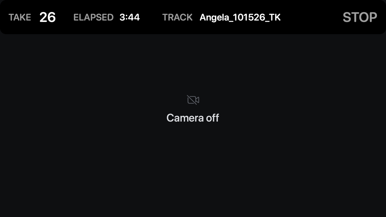 SessionHUD's camera turned off: the camera layout's banner across the top, take 26, elapsed 3:44, track Angela_101526_TK and STOP, over a crossed-out camera icon and the words Camera off on a plain dark ground.