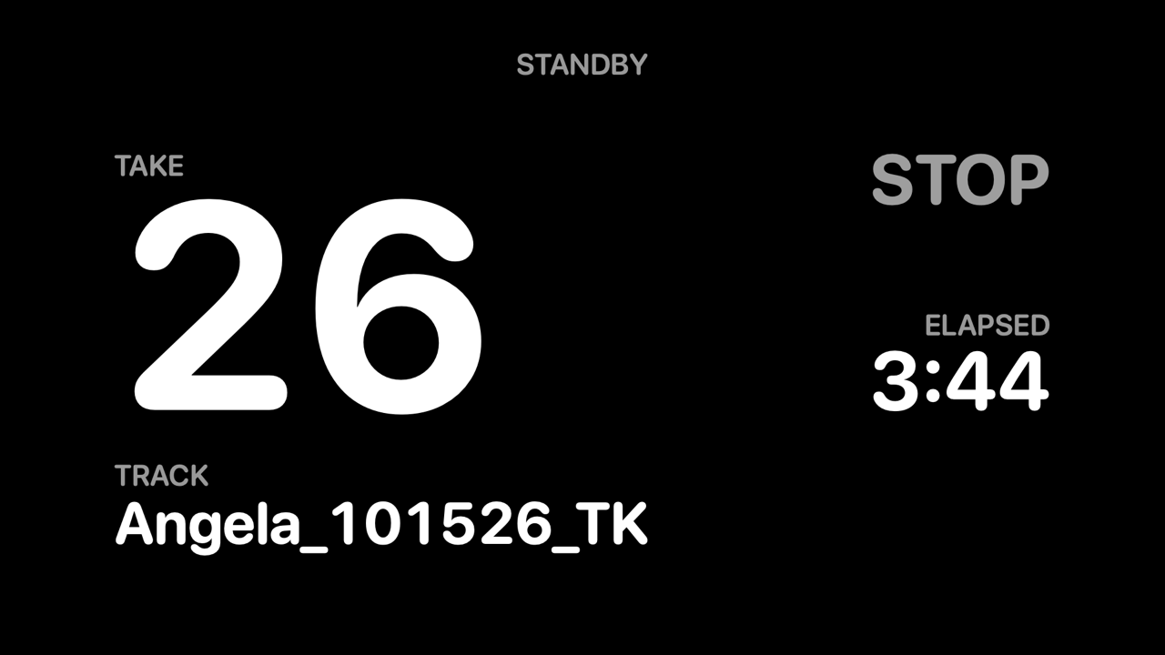 SessionHUD's Standby picture: STANDBY across the top, then take 26, STOP, track Angela_101526_TK and elapsed 3:44 filling the frame.