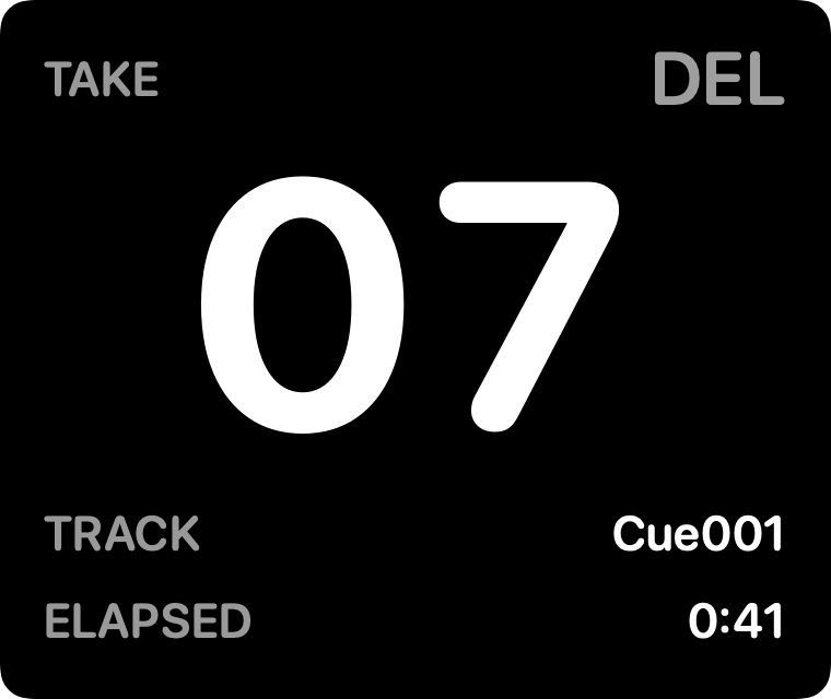 SessionHUD's panel after a canceled take: take 07, DEL, track Cue001, elapsed 0:41.