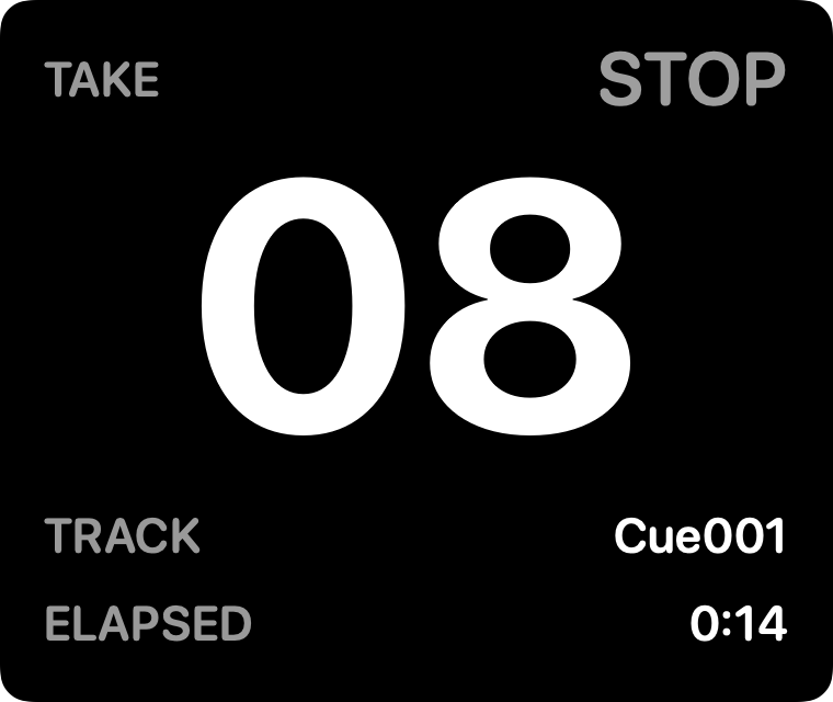 SessionHUD's panel stopped: take 08, STOP, track Cue001, elapsed 0:14.