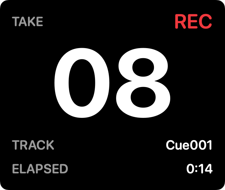 SessionHUD's panel recording: take 08, REC, track Cue001, elapsed 0:14.
