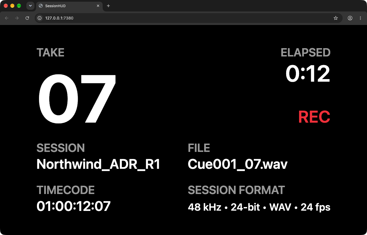 The SessionHUD browser viewer in a Chrome window: take 07, recording, elapsed 0:12, session Northwind_ADR_R1, file Cue001_07.wav, and timecode.
