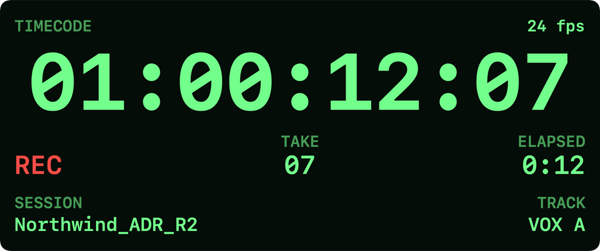 The Timecode preset in the Cyber profile, Monospaced type, showing take 07 recording.