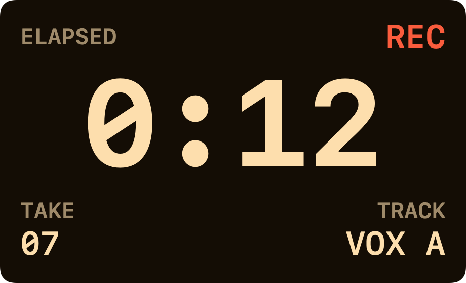 The Timer preset in the Booth Amber profile, Monospaced type, showing take 07 recording.